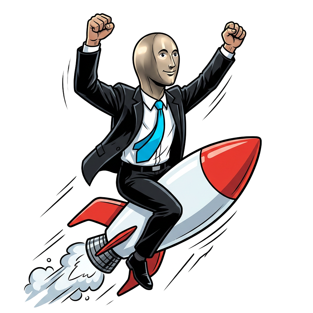 STONK mascot riding a cartoon rocket